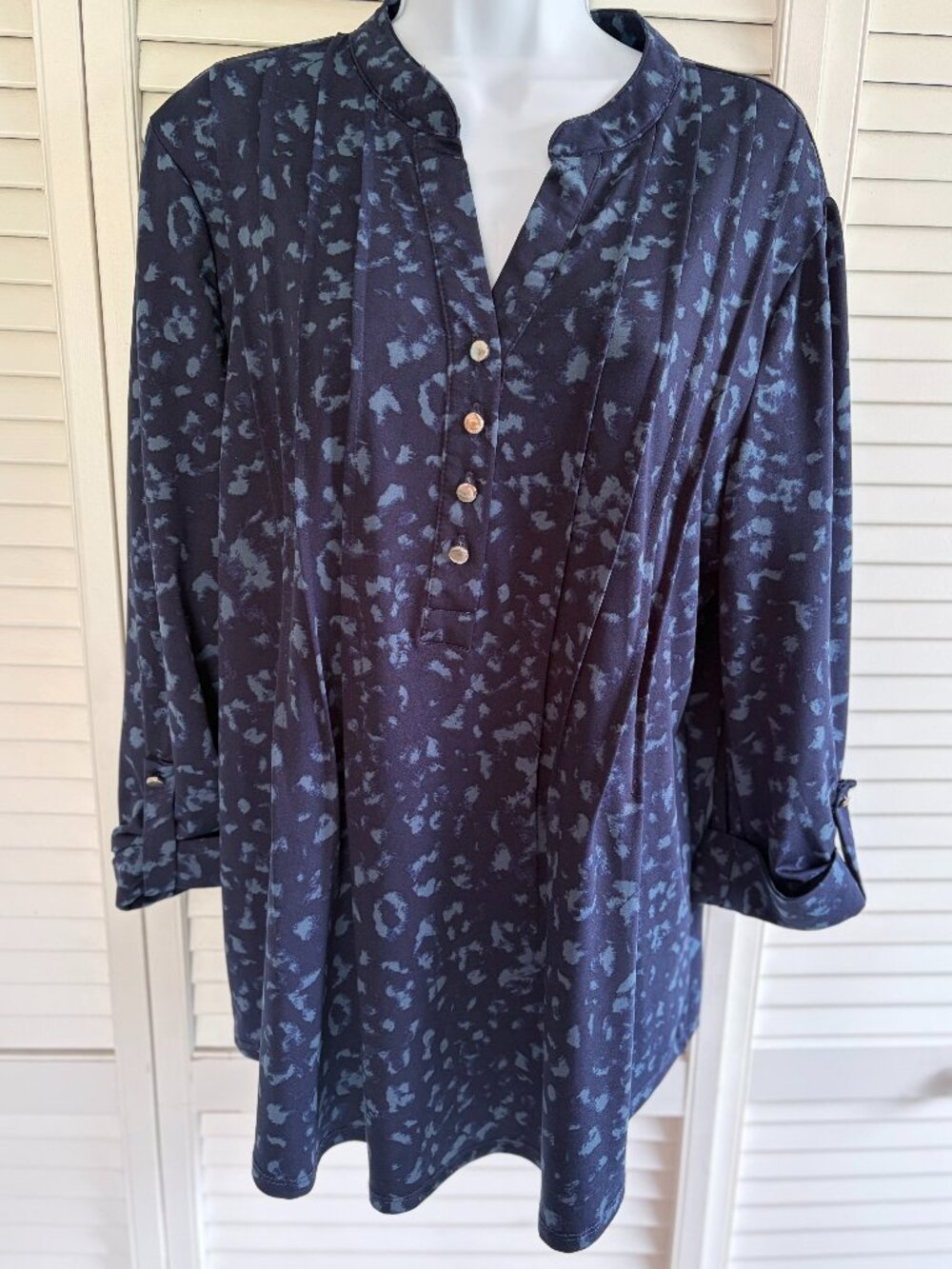 Ava & Grace Pleated Tunic,  3/4 Length Sleeves Navy & Grey L ( 12-14)